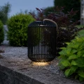 Dekoracyjny lampion solarny ustawiony w ogrodzie pośród roślin i żwiru, emitujący ciepłe światło po zmroku.