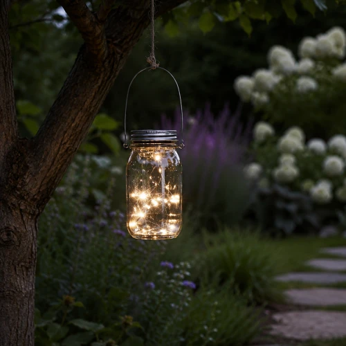 Szklany lampion solarny LED w formie słoika zawieszony na gałęzi drzewa wśród kwitnących roślin ogrodowych po zmroku.