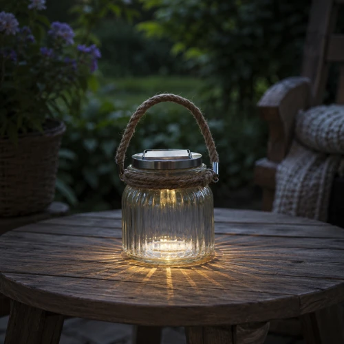 Solarna lampa LED w dekoracyjnym szklanym słoiku z ryflowanym szkłem i jutowym uchwytem. Emituje ciepłe światło, tworząc przytulną atmosferę na tarasie, balkonie, w ogrodzie lub podczas wieczornego relaksu na świeżym powietrzu.