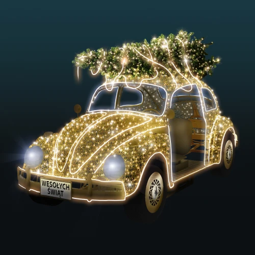 Świąteczny Garbus 3D LED z realistyczną choinką na dachu i ciepłym oświetleniem LED. Dekoracja świąteczna oraz fotopunkt do miast, galerii handlowych, hoteli, parków, jarmarków bożonarodzeniowych i przestrzeni komercyjnych.