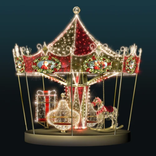 Karuzela z Zabawkami 3D LED – świąteczny fotopunkt z ozdobną karuzelą, dekoracyjnymi siedziskami, koniem na biegunach i efektownym oświetleniem LED do miejskich oraz komercyjnych aranżacji.
