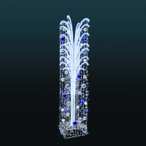Fontanna 3D LED z dekoracyjnymi bombkami i białym oświetleniem LED. Elegancka dekoracja świąteczna do parków, rynków, deptaków, galerii handlowych, hoteli oraz przestrzeni miejskich i komercyjnych.