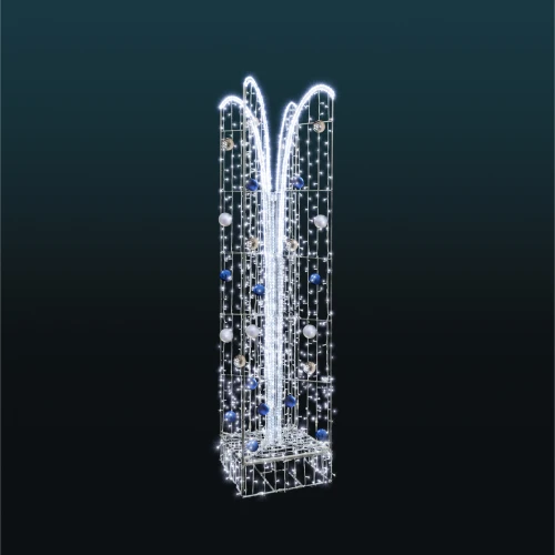 Fontanna 3D LED z dekoracyjnymi bombkami i białym oświetleniem LED. Elegancka dekoracja świąteczna do parków, rynków, deptaków, galerii handlowych, hoteli oraz przestrzeni miejskich i komercyjnych.
