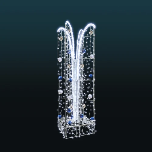 Fontanna 3D LED z dekoracyjnymi bombkami i białym oświetleniem LED. Elegancka dekoracja świąteczna do parków, rynków, deptaków, galerii handlowych, hoteli oraz przestrzeni miejskich i komercyjnych.