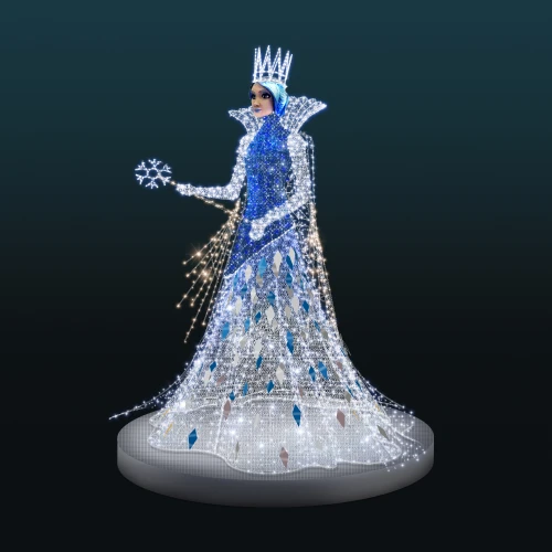 Królowa Śniegu 3D LED z koroną, świetlną śnieżynką oraz błyszczącą suknią z kryształowym wykończeniem. Elegancka dekoracja świąteczna do przestrzeni miejskich, hoteli, parków i ogrodów światła.