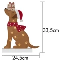 Grafika przedstawiająca wymiary filcowej dekoracji LED w kształcie pieska z prezentem na głowie. Wysokość 33,5 cm, szerokość 24,5 cm.