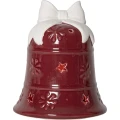 Czerwona ceramiczna dekoracja LED w kształcie dzwonka z białą kokardą. Na powierzchni widoczne są tłoczone płatki śniegu oraz podświetlone motywy gwiazdek.