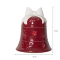 Grafika przedstawia wymiary czerwonego ceramicznego dzwonka LED z białą kokardą. Dekoracja ma 16 cm wysokości i 13 cm szerokości.