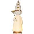 Podświetlana figurka świąteczna w białej szacie i wysokiej czapce ozdobionej złotymi gwiazdami, trzymająca w dłoni różdżkę z gwiazdką.
