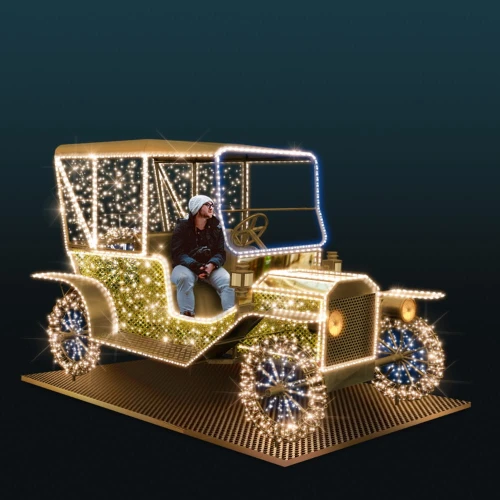 Osoba siedząca w podświetlanej dekoracji świątecznej stylizowanej na Forda Model T, z migoczącym oświetleniem LED i detalami w kolorze złota.