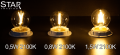 Porównanie trzech żarówek LED G45 marki STAR Trading o barwie 2100K i różnych mocach: 0,5W, 0,8W i 1,5W. Żarówki ustawione na ciemnym tle, emitują światło o różnej intensywności.