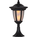 Czarna solarna lampa ogrodowa w formie stojącej latarenki, przedstawiona na białym tle z widocznym kloszem i podstawą.