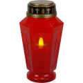 Znicz LED w czerwonej, ośmiokątnej obudowie, z widocznym żółtym płomieniem LED w środku.