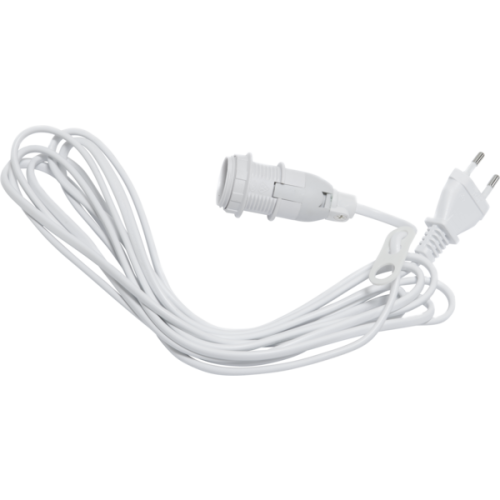 Biały kabel zasilający z oprawką E14 i wtyczką sieciową, zwinięty na jasnym tle.