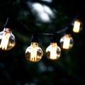 Girlanda z zapalonymi żarówkami LED Filament G95 zawieszona na zewnątrz, na tle zieleni, tworząca nastrojowe, ciepłe oświetlenie plenerowe.