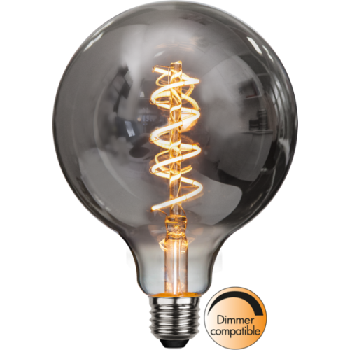Żarówka LED Filament G125 z dymioną szklaną bańką i spiralnym filamentem, kompatybilna ze ściemniaczem, dekoracyjne źródło światła.