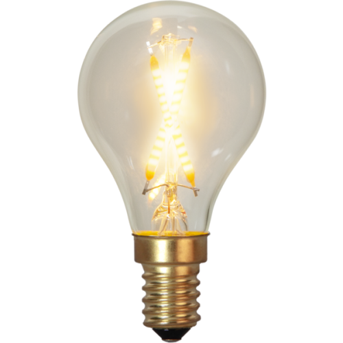 Żarówka LED E14 mini globe z ciepłym światłem, dwa skrzyżowane filamenty w przezroczystej bańce i złoty gwint.