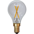 Żarówka LED E14 mini globe bez podświetlenia, widoczne dwa skrzyżowane filamenty w transparentnej bańce i złota oprawka.