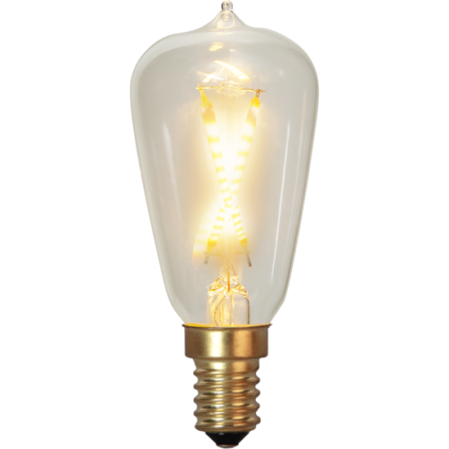 Dekoracyjna żarówka LED filament w kształcie Edison z przezroczystą bańką i skrzyżowanymi filamentami świecąca ciepłym światłem, gwint E14.