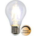 Żarówka LED E27 A60 z czterema filamentami, ciepłe białe światło, przezroczysta bańka, kompatybilna ze ściemniaczem.