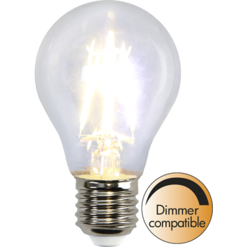 Żarówka LED E27 A60 z czterema filamentami, ciepłe białe światło, przezroczysta bańka, kompatybilna ze ściemniaczem.