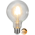 Żarówka LED E27 G95 filament 2700K, ciepłe białe światło, funkcja ściemniania, duża kulista bańka i gwint E27.