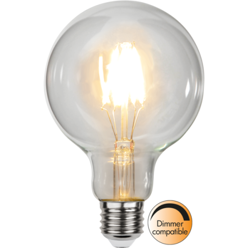 Żarówka LED E27 G95 filament 2700K, ciepłe białe światło, funkcja ściemniania, duża kulista bańka i gwint E27.