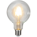 Żarówka LED E27 G95 filament świecąca ciepłym białym światłem 2700K, dekoracyjny kulisty kształt i gwint E27.