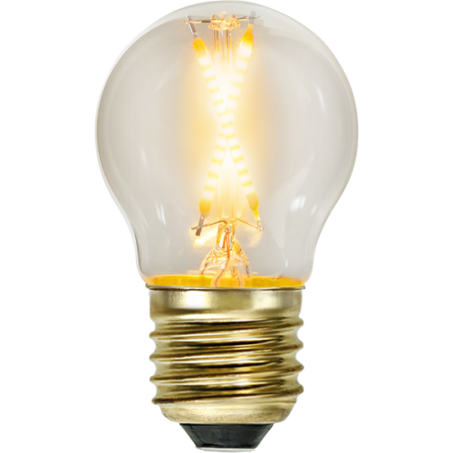 Żarówka LED E27 mini globe z ciepłym światłem, dwa skrzyżowane filamenty w przezroczystej bańce i złoty gwint.