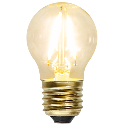 Żarówka LED E27 mini globe z ciepłym światłem, przezroczysta kulista bańka i złoty gwint, widok produktu na czarnym tle.