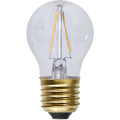 Żarówka LED E27 mini globe bez podświetlenia, dwa filamenty w przezroczystej bańce i złota oprawka.