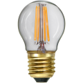 Dekoracyjna żarówka LED filament E27 z przezroczystą kulistą bańką i czterema filamentami LED w stanie wyłączonym. Żarówka retro do lamp stołowych, wiszących i opraw dekoracyjnych.