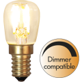 Żarówka LED E14 T26 filament z bursztynowym szkłem, ciepłe białe światło, kompatybilna ze ściemniaczem.