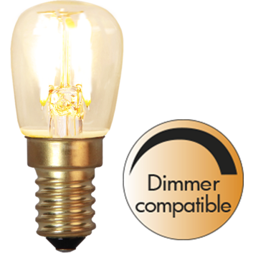 Żarówka LED E14 T26 filament z bursztynowym szkłem, ciepłe białe światło, kompatybilna ze ściemniaczem.