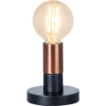 Lampka stołowa z miedzianą oprawą i żarówką LED E27 G95 filament na okrągłym stoliku.