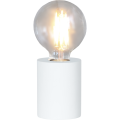 Lampka stołowa z białą cylindryczną podstawą i żarówką LED E27 G95 filament, dekoracyjne oświetlenie wnętrza.