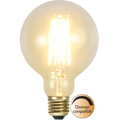 Żarówka LED E27 G95 filament 2700K z mosiężnym gwintem, ciepłe białe światło, dimmer compatible, kulista przezroczysta bańka.