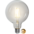 Żarówka LED E27 G125 filament z mlecznym szkłem, ciepłe białe światło, kompatybilna ze ściemniaczem.
