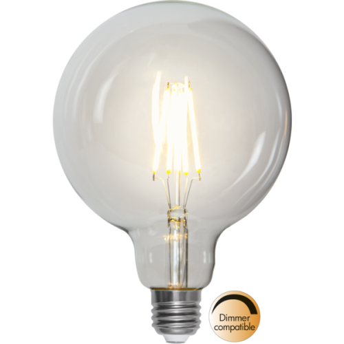 Żarówka LED E27 G125 filament z mlecznym szkłem, ciepłe białe światło, kompatybilna ze ściemniaczem.