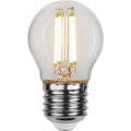 Dekoracyjna żarówka LED filament P45 świecąca ciepłym światłem. Przezroczysta szklana bańka i liniowe filamenty LED w żarówce z gwintem E27.