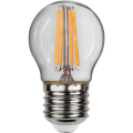 Dekoracyjna żarówka LED filament P45 z czterema liniowymi filamentami LED w przezroczystej bańce. Żarówka z gwintem E27 do lamp dekoracyjnych i oświetlenia wnętrz.
