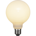 Żarówka LED E27 G95 mleczna, ciepłe światło, równomierne rozproszenie światła, energooszczędne źródło do dekoracyjnych opraw.