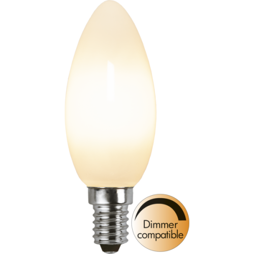 Żarówka LED E14 świeczka mleczna ciepła biel ściemnialna, wydłużony dekoracyjny kształt, oznaczenie dimmer compatible, zdjęcie na czarnym tle.