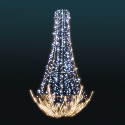 Iluminacja LED Śnieżynka 3D AM-101217, dekoracja latarniowa 3,5 m w formie świetlistego żyrandola z motywem śnieżynki i złotym ornamentem u podstawy.