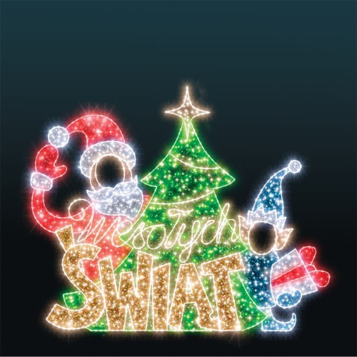 Świetlna dekoracja świąteczna w formie napisu „Wesołych Świąt” z choinką i postaciami. Centralnie umieszczona zielona choinka, z lewej strony Mikołaj, z prawej strony elf z prezentem, całość wypełniona świecącymi elementami LED.