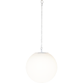 Solarna lampa LED w kształcie kuli na łańcuszku, widok produktu na białym tle, przeznaczona do zawieszenia, emituje ciepłe światło i tworzy przytulny klimat.
