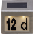 Solarna lampa adresowa LED z numerem „12d”, podświetlana od góry, z panelem solarnym w górnej części.