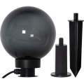 Lampa ogrodowa ORBY z kulistym kloszem w kolorze dymionym, przez który widoczna jest świecąca żarówka.