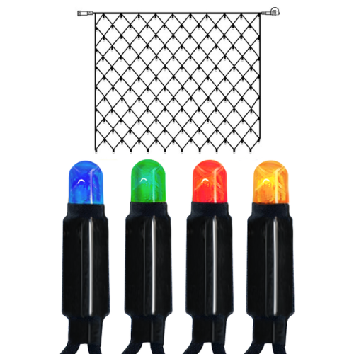 Siatka LED 2 × 2 m multikolor na czarnym przewodzie, z kolorowymi diodami i niskonapięciowym zasilaniem 24 V.