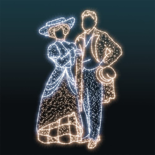 Iluminacja LED 2D przedstawiająca elegancką dworską parę w stylowych strojach, wysoka dekoracja świetlna 4,3 m do przestrzeni miejskich i parkowych.